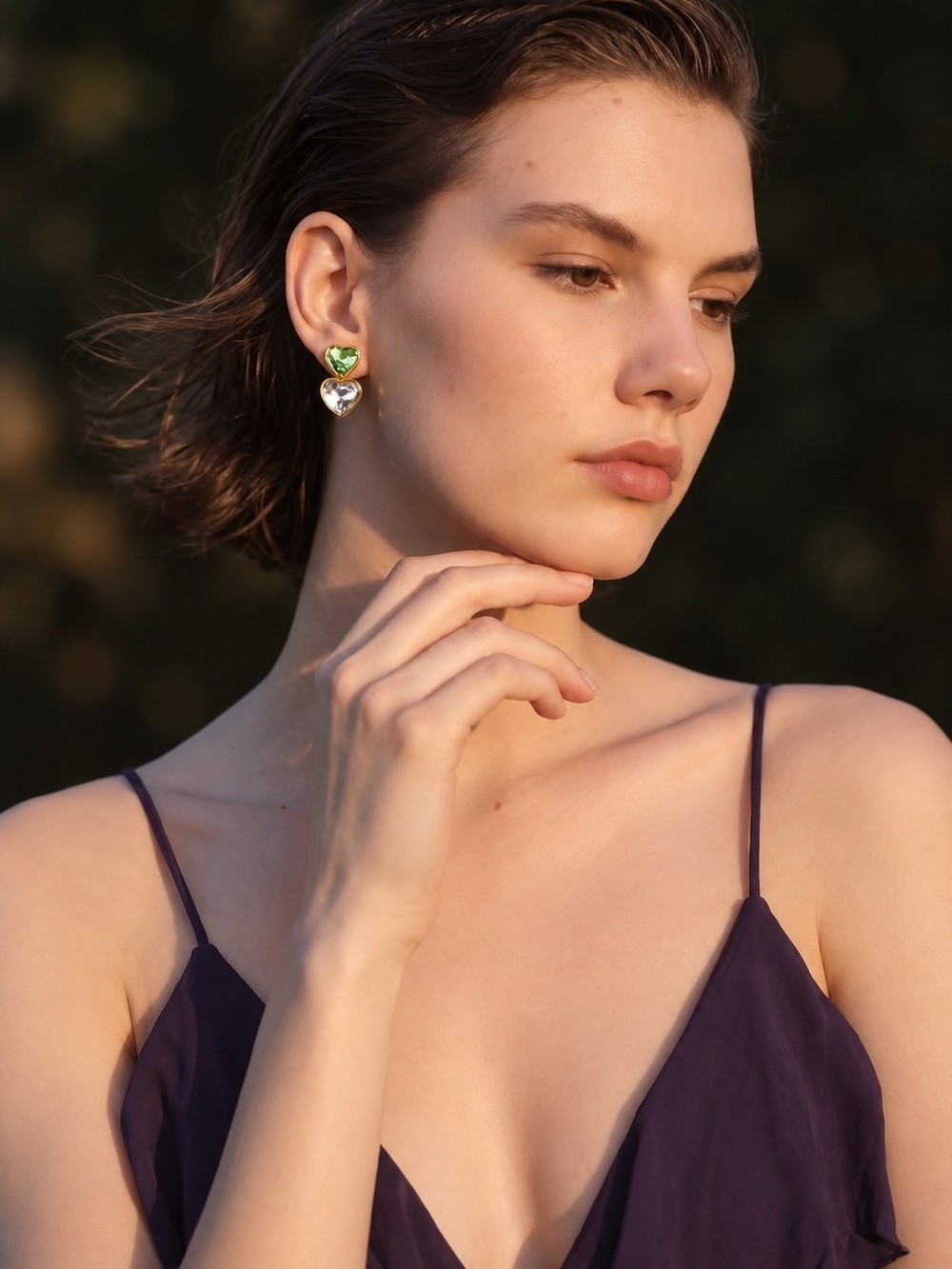 Gold Teardrop Stud Earrings with Green and Clear Stones - Picture 2 of 5